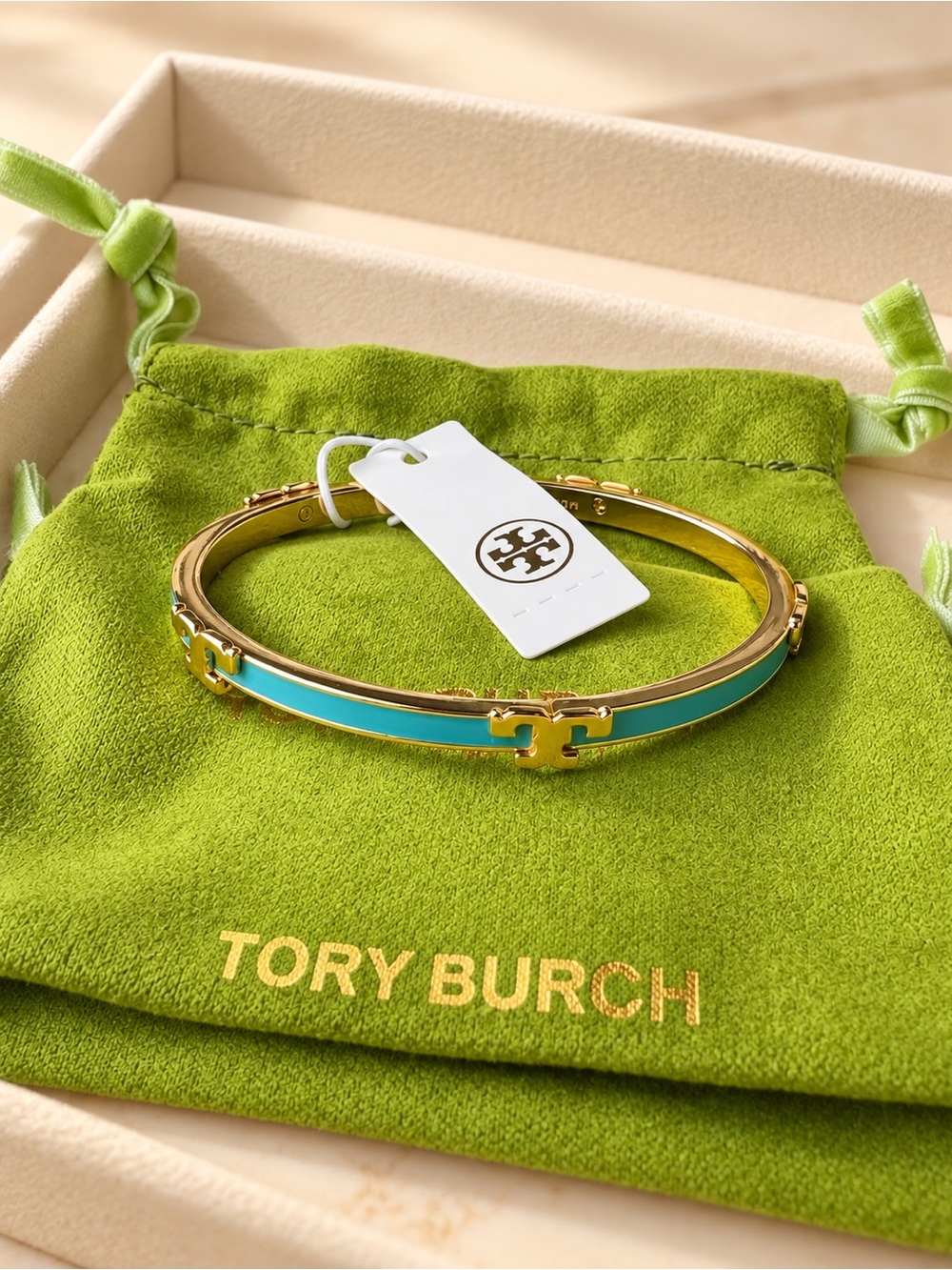 Tory Burch Gold and Turquoise Enamel Logo Bangle